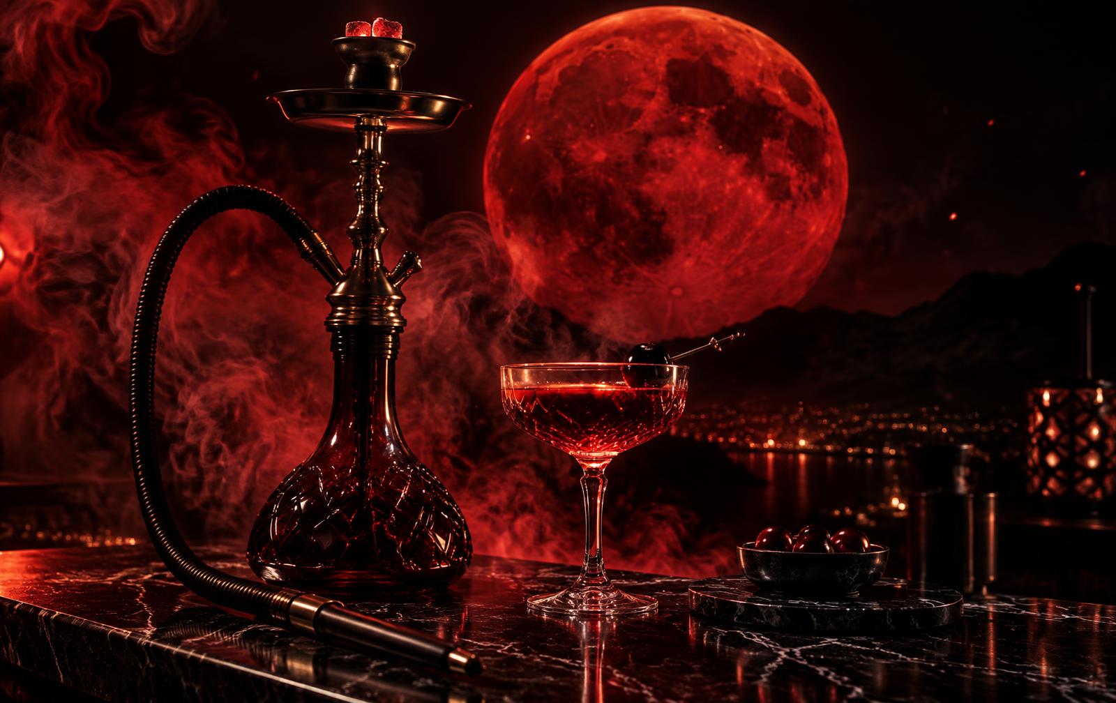 Blutroter Mond über Shisha und rotem Cocktail